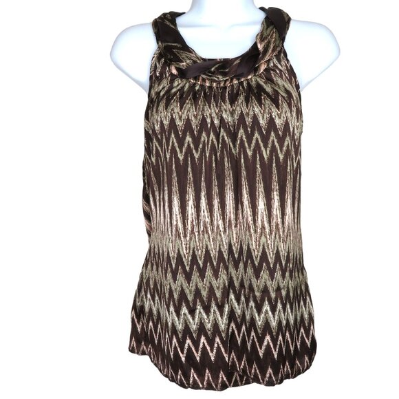 Womens Sleeveless Brown Chevron Blouse M Keyhole Tie Neck Loose Y2K Tank Top - Picture 2 of 10